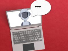 Cisco adquire startup de tradução EzDubs AI agent concept with robot inside a laptop with a voice bubble on red background.