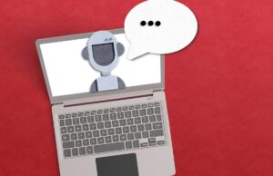 A Benchmark investe US $ 500 milhões em startup de IA chinesa Manus AI agent concept with robot inside a laptop with a voice bubble on red background.