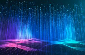 Alibaba apresenta Qwen 3 – Uma nova família de modelos de raciocínio de IA que são ‘híbridos’ Abstract image of big data wave and information vertical line dots on a dark background.