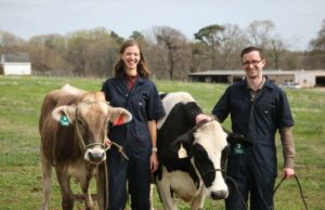 O bioma da impressão do casco melhora a nutrição para vacas enquanto reduz as emissões de metano Hoofprint founders stand with two cows.