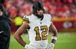 Opção de captação dos santos para Chris Olave, nenhum Trevor Penning NFL: Nova Orleans Saints em Kansas City Heads