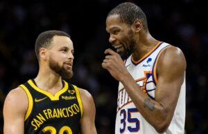 Steph Curry está alimentando o debate sobre o ranking de todos os tempos da NBA depois de superar seu ex-castar Kevin Durant com um grande recorde. fechar