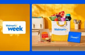 Walmart+ membros, prepare -se para o Walmart+ semana. Ele vai até 4 de maio. Duas sacolas de compras do Walmart na porta da porta