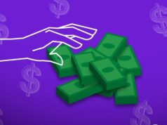 Os YouTubers não dependem mais da receita publicitária – veja como alguns estão diversificando a white outlined hand grabbing piles of illustrated cash on a purple background with dollar signs