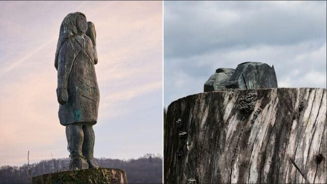 A estátua de Melania Trump começou com tornozelos e roubada na Eslovênia


