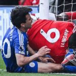 Taiwo Awoniyi collides with the goalpost during Nottingham Forest vs Leicester City match