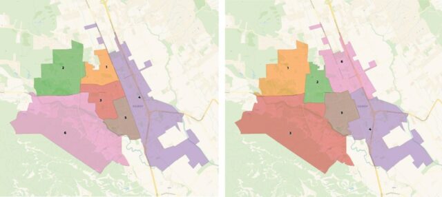 Draft D, um dos dois mapas finais propostos no processo de distribuição de Gilroy. O mapa agrupa a totalidade do lado leste da cidade. (Cortesia: Redistriting Partners/City of Gilroy)