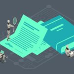 Robots work on a contract and review a legal book to illustrate AI usage in law.