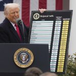 O presidente dos EUA, Donald Trump, diz durante o evento para anunciar novas tarifas no jardim de rosas na Casa Branca em 2 de abril de 2025 em Washington