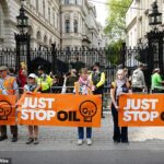 Um grupo de manifestantes Just Stop Oil (JSO) foi poupado pelas condições da prisão por sua audiência para condenar a Isleworth Crown Court (demonstrantes de imagem de arquivo fora da Downing Street)