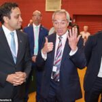 A reforma do líder britânico Nigel Farage comemora com seus colegas após a vitória do Runcorn e Helsby Party