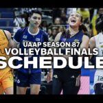 Cronograma de vôlei da temporada 87 da UAAP para as finais dos torneios masculinos e femininos: Nu Bulldogs vs Feu Tamaraws, La Salle Lady Spikers vs Nu Lady Bulldogs