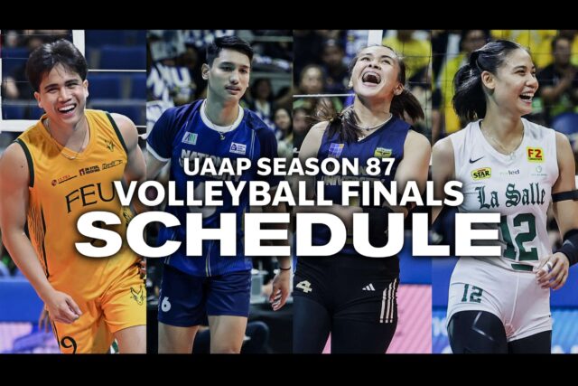 Cronograma de vôlei da temporada 87 da UAAP para as finais dos torneios masculinos e femininos: Nu Bulldogs vs Feu Tamaraws, La Salle Lady Spikers vs Nu Lady Bulldogs
