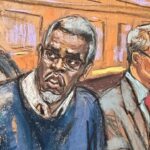 Marshalls americanos sentam -se atrás de Sean 'Diddy' Combs quando ele se senta na mesa de defesa, juntamente com o advogado Brian Steel no tribunal durante seus curadores da corte em Nova York em Nova York, EUA, 9 de maio de 2025 neste esqui na sala do tribunal