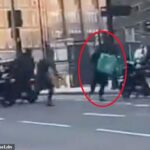 Este é um momento chocante em que o cavaleiro estava um telefone em uma gangue mascarada que lutou com o ciclomotor antes de usá -lo para escapar