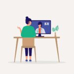 Illustration; Back View Of A Young Woman Sitting On Desktop With Computer Making Video Call With Her Doctor While Staying At Home.