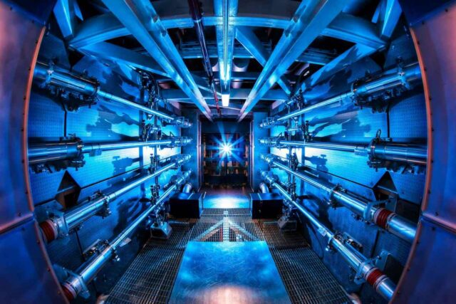 A light shines on laser preamplifiers at the National Ignition Facility.