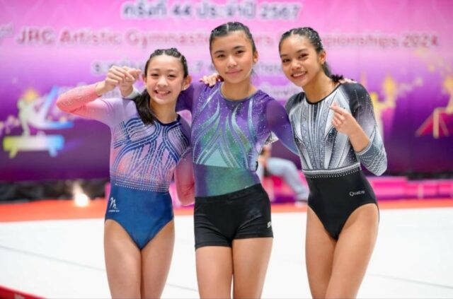 Maxine Bondoc, 13, Sabina Tayag, 14, Cielo Esliza, Academia de Esportes de Aprendizagem e Train 15, 18º e 12º Campeonatos Asiáticos de Ginástica Artística Sênior das Filipinas.