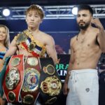 Naoya Inoue, do Japão (L) e Ramon Cardenas posam durante uma pesagem oficial no MGM Grand Hotel