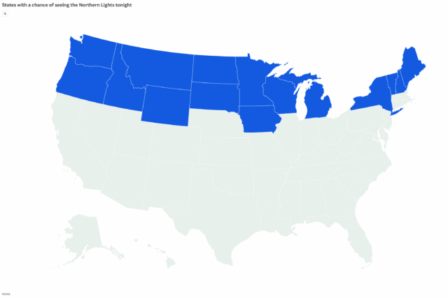 O mapa mostra os estados que podem ver a luz norte esta semana

