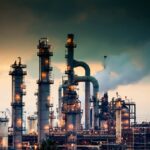 A steaming, glowing mass of smoke stacks and distillation towers connected by conduit and pipe racks towers in the early morning light in front of the Port of Los Angeles.