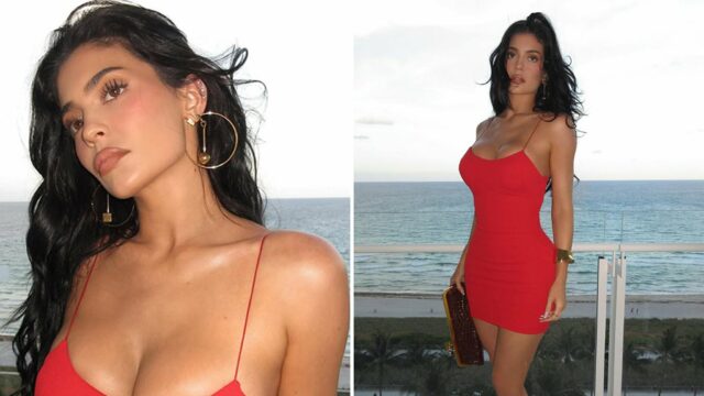 O vestido vermelho enferrujado de Kylie Jenner traz calor para Miami



