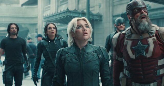 (LR): Alexei Shostakov/Red Guardian (David Harbor), Ghost (Hannah John-Kamen), Bucky Barnes (Sebastian Stan), Yelena Belova (Florence Pugh) e John Walker (Wyatt Russell) nos Thunderbolts da Marvel Studios*. Foto cedida por Marvel Studios. © 2024 Marvel.