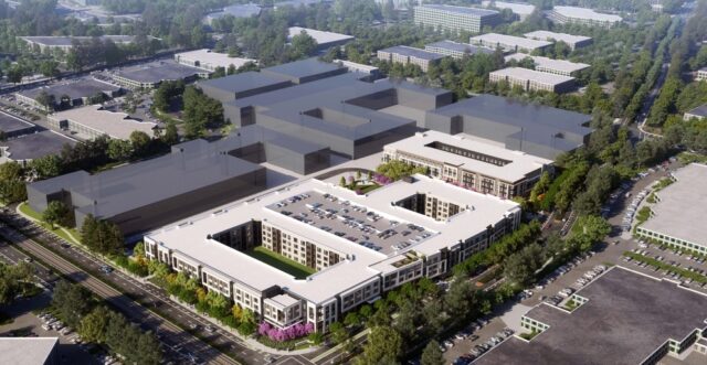 Vista no nível da rua em parte de uma propriedade residencial no norte de San Jose, com dois edifícios, incluindo 360 apartamentos orientados para o mercado e 122 apartamentos acessíveis, conceito. O local está localizado na 2830 North First Street e 45 a 65 East Plumeria Drive (BDE Architecture)