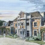 Impressão de um artista de uma mansão rural projetada para uma página de 11 acres em Little Tew