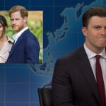 O príncipe Harry e Meghan Markle foram ridicularizados ontem no Saturday Night Live, quando o apresentador Colin Jost (à direita) fez uma piada brutal sobre o casal