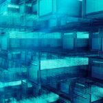 Digital holographic blue transparent drawer with data inside.