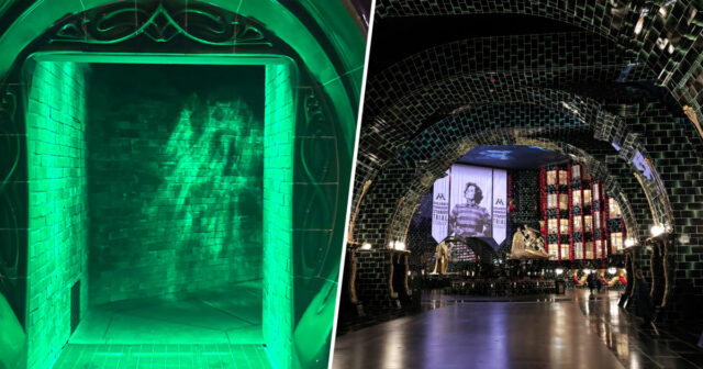 A entrada do Harry Potter e a batalha na viagem do ministério estão localizados no canto esquerdo do mundo mágico de Harry Potter: Ministério da Magia.    