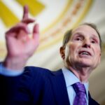 Sen. Ron Wyden speaks to reporters following a weekly Democratic policy luncheon at the U.S. Capitol on April 8, 2025 in Washington, DC.