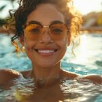 Mulher usa óculos de sol na piscina