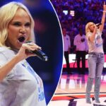 A atriz gravada Tony Kristin Chenoweth atingida pelos fãs da NBA no hino nacional do jogo 7