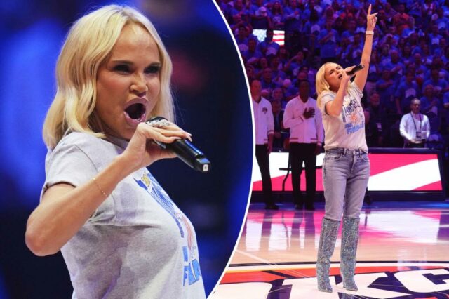 A atriz gravada Tony Kristin Chenoweth atingida pelos fãs da NBA no hino nacional do jogo 7

