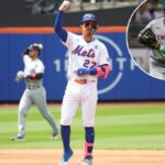 Mark Vientos #27 do New York Mets celebra o dobro.
