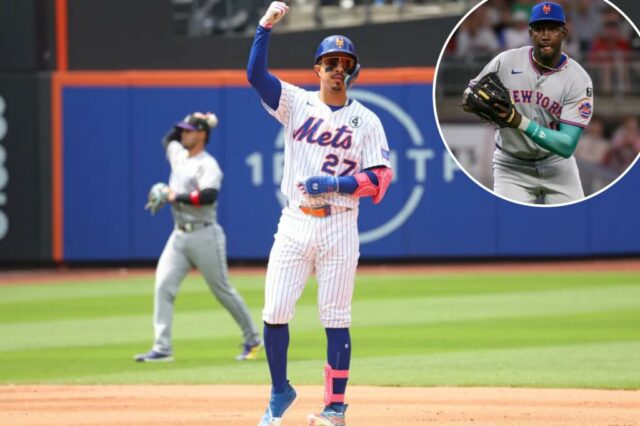 Mark Vientos #27 do New York Mets celebra o dobro.