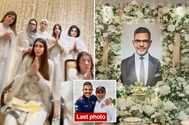 A esposa do príncipe bilionário William Sunjaay Kapura, sua esposa, participando de uma reunião de oração após sua morte aos 53 anos de idade

