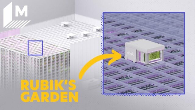 Uma imagem dividida mostra uma exibição ampliada da fazenda Opollo (à esquerda) e uma versão em zoom em um dos blocos de robô (direita. Legenda lê: Rubik's Garden