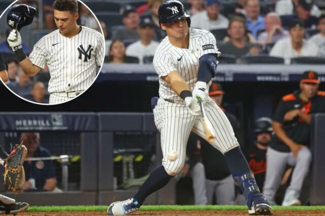 Anthony Volpe, que foi de 0 a 4, atinge o balanço na sétima rodada das perdas do Yankees por 5-3 com Orioles em 20 de junho de 2025.