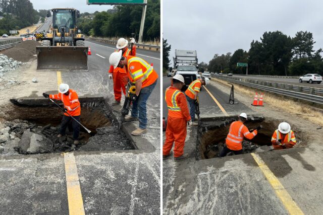 Abertura do poço no meio da rodovia da Califórnia

