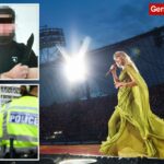 Taylor Swift se apresenta no palco no concerto do estádio.