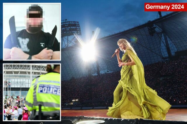 Taylor Swift se apresenta no palco no concerto do estádio.