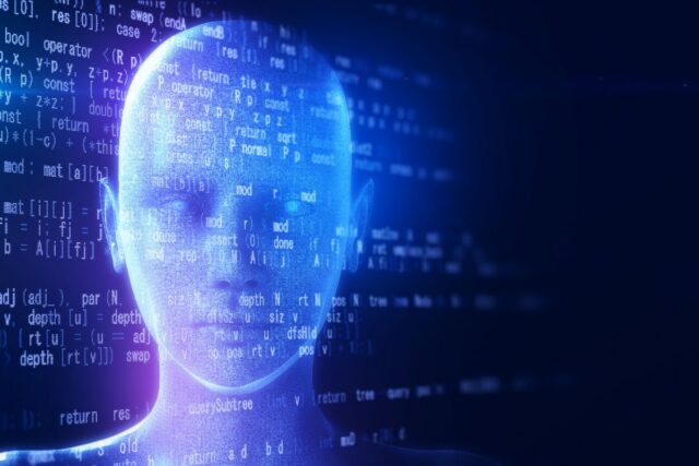 Holographic human type AI robot and programming data on a black background.