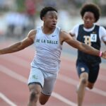 Jaden Jefferson de De La Salle, a quarta forma, vence o braço de 100 metros na sexta-feira em Buchanan High em Clovis no sábado, 31 de maio de 2025