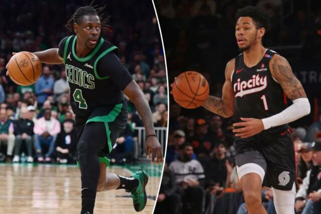 Jrue Holiday #4 Boston Celtics dribla a bola.