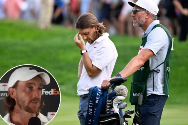 Tommy Fleetwood parece preocupado durante o torneio Turtleneck do Travelers Championship.