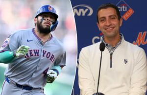 David Stearns não protege, o que Metts espera de Francisco Alvarez depois Francisco Álvarez #4 do New York Mets liderando a base.