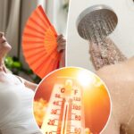 Uma mulher mais velha usa um ventilador para esfriar ao sentar no sofá.